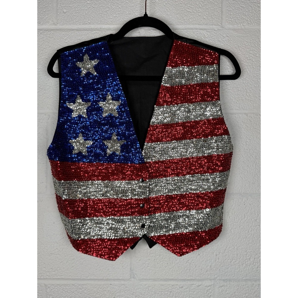 USA Flag Sequin Vest Womens Medium Patriotic Stars Stripes Festival 4th Of July